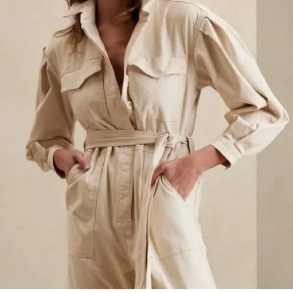 Beige Utility Jumpsuit with Belt. Size 0P